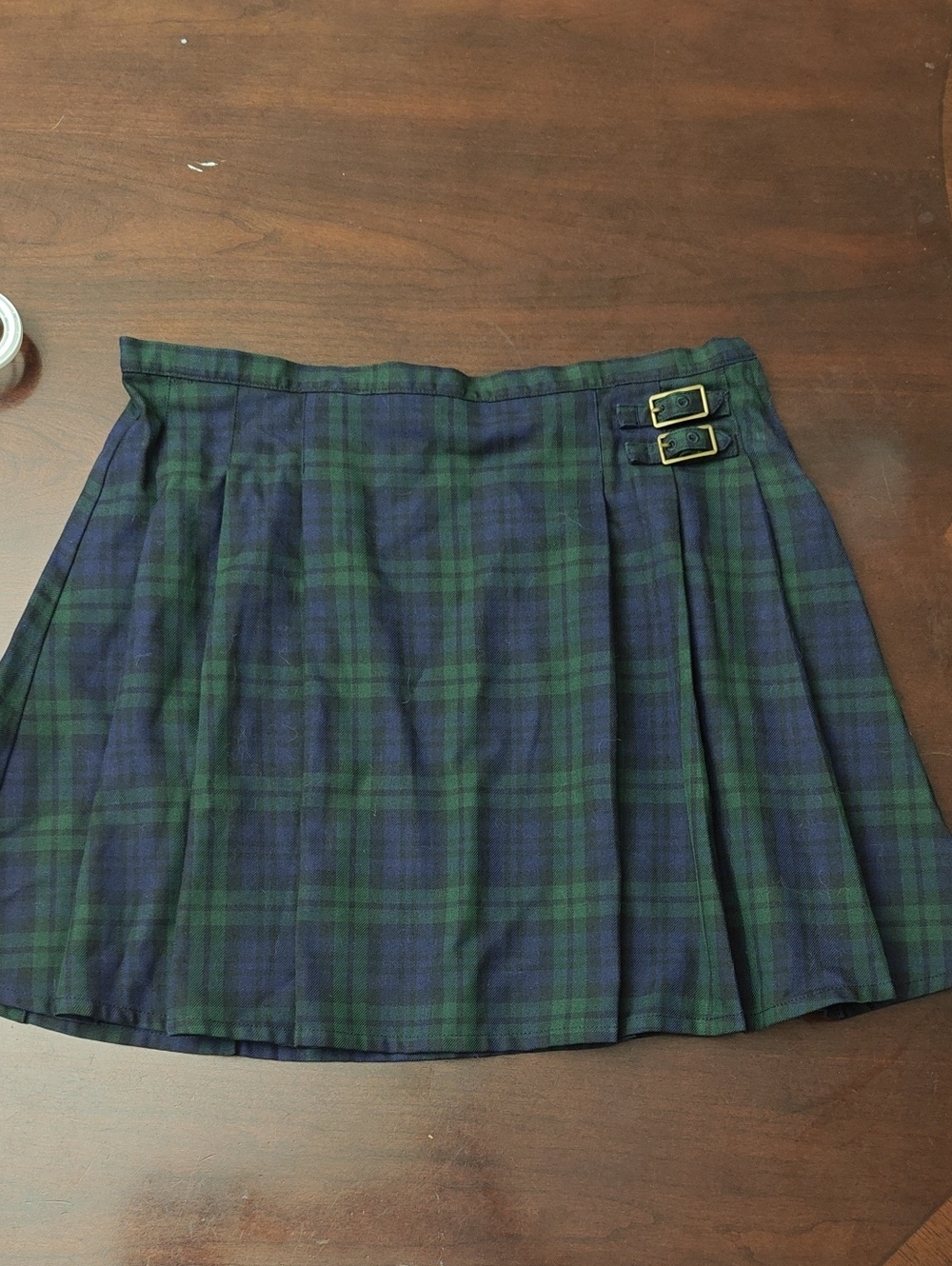 Lands' End Green and Navy Plaid Pleated Mini Skirt with Buckles Sz 10 Women's